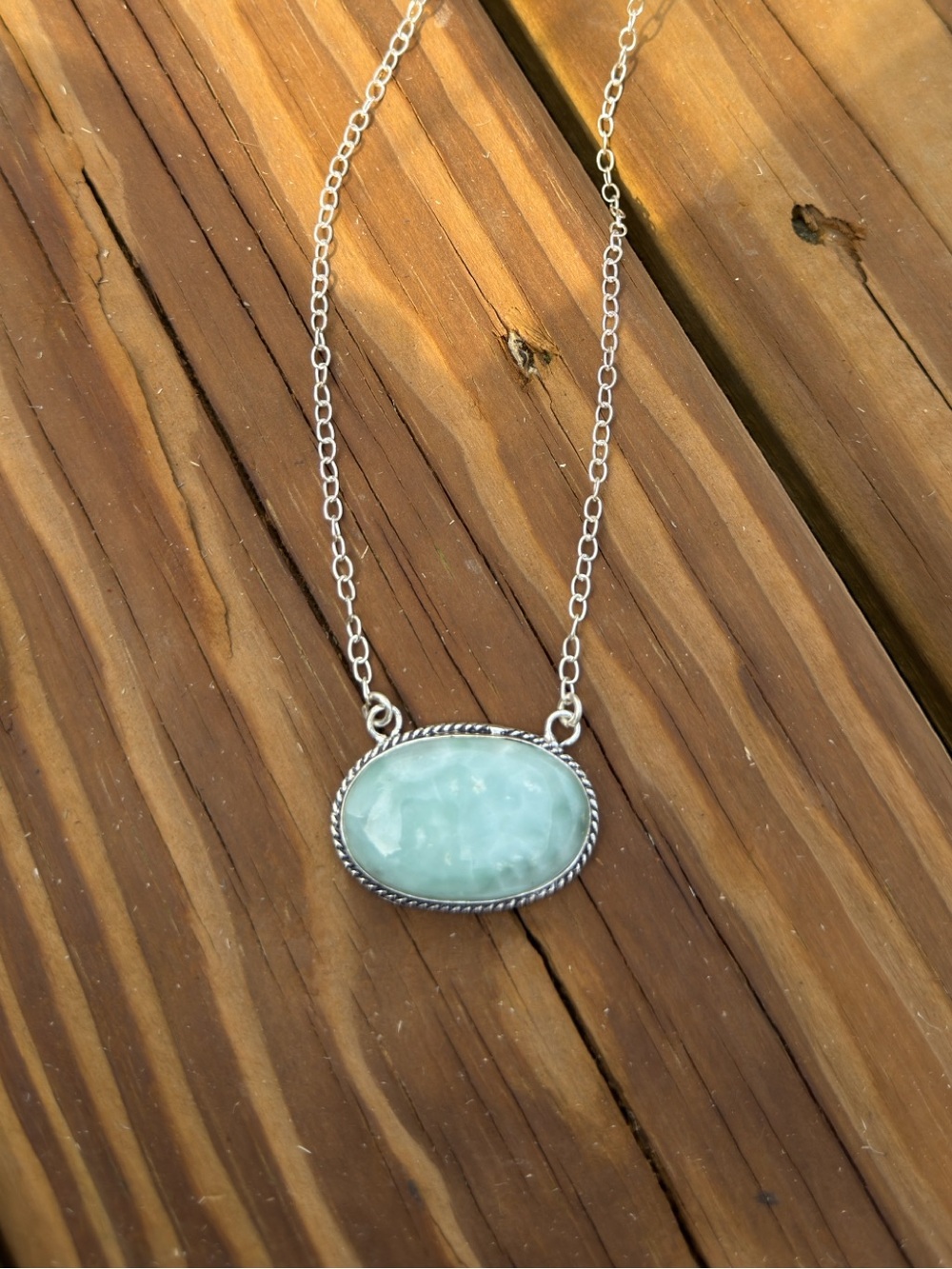 Sterling Silver Light Aqua Oval Stone Pendant Necklace